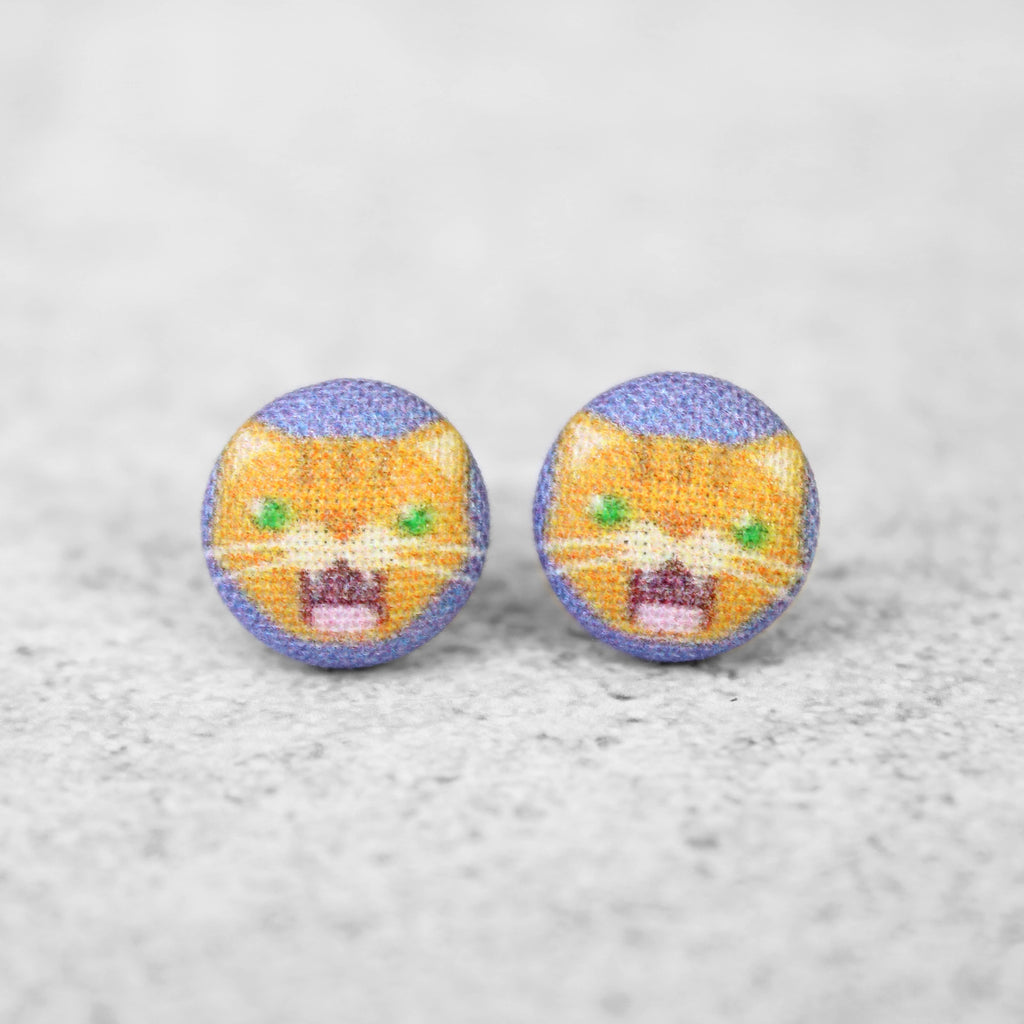 Screaming Orange Cat Fabric Button Earrings