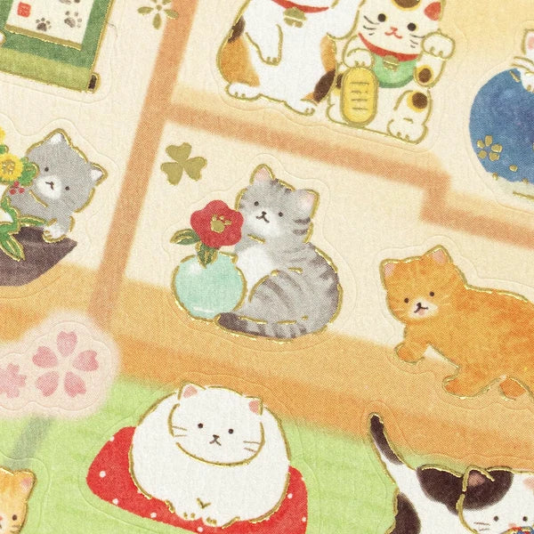 Japanese Cat Stickers with Gold Foil