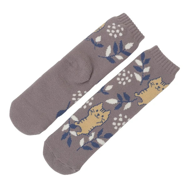 Women's Lined Floral Cat Crew Socks