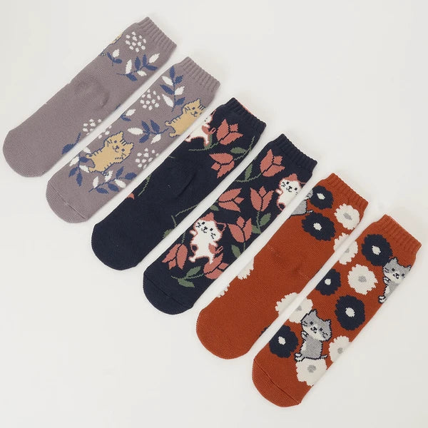 Women's Lined Floral Cat Crew Socks