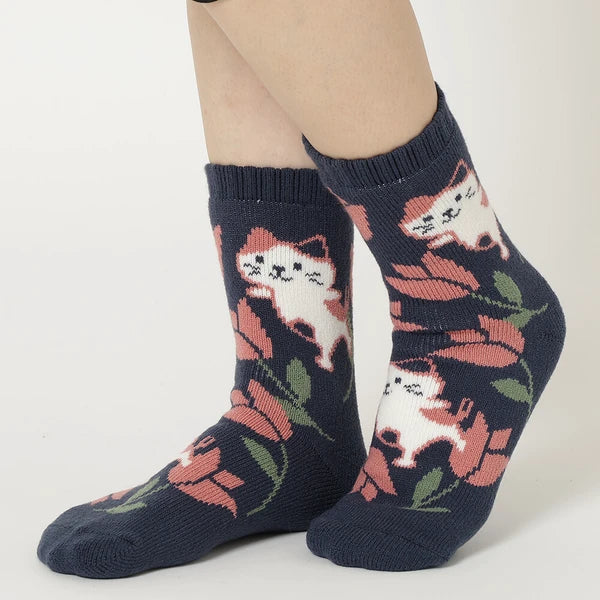Women's Lined Floral Cat Crew Socks