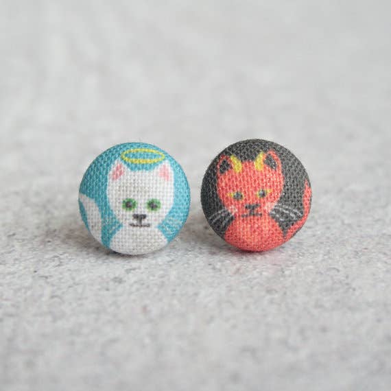 Good and Evil Kitties Fabric Button Earrings: 0.5 inch wide