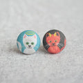 Good and Evil Kitties Fabric Button Earrings: 0.5 inch wide