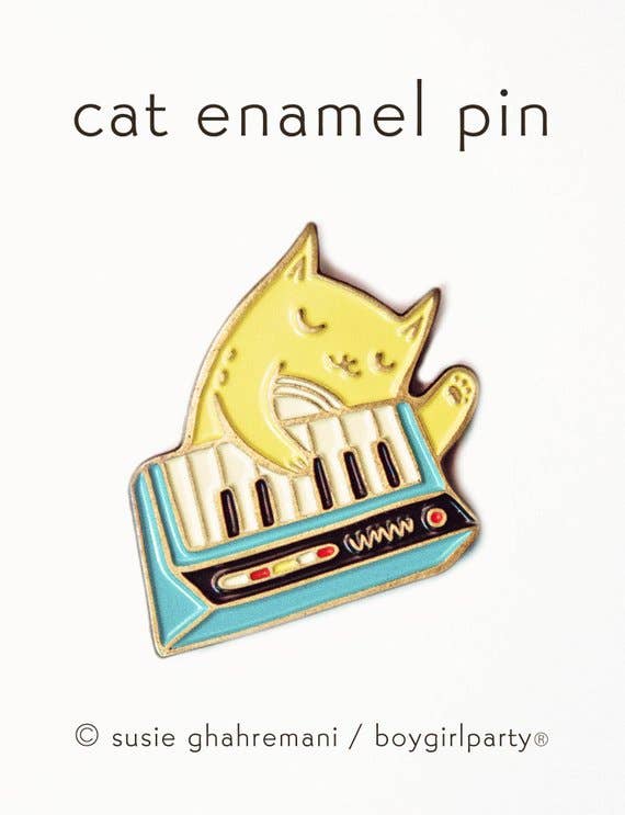Blue Synthesizer Cat Pin — 80s New Wave Funk Cat Pin Enamel