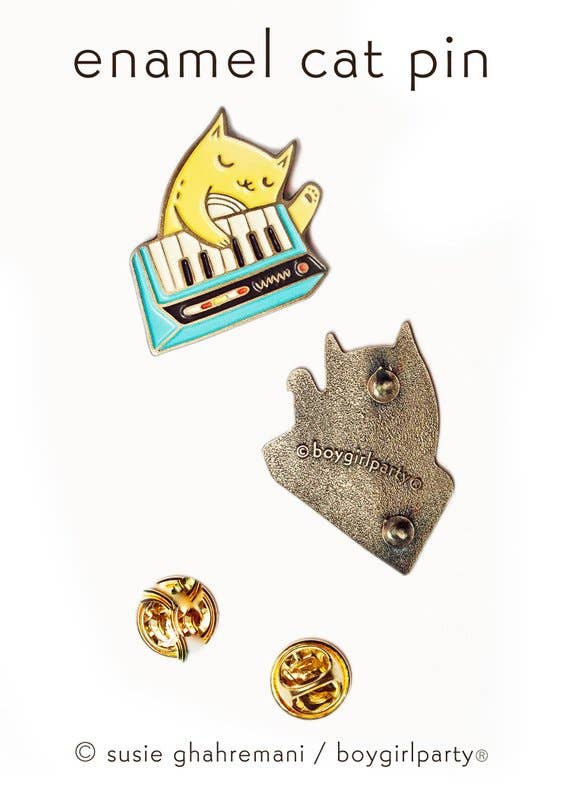 Blue Synthesizer Cat Pin — 80s New Wave Funk Cat Pin Enamel