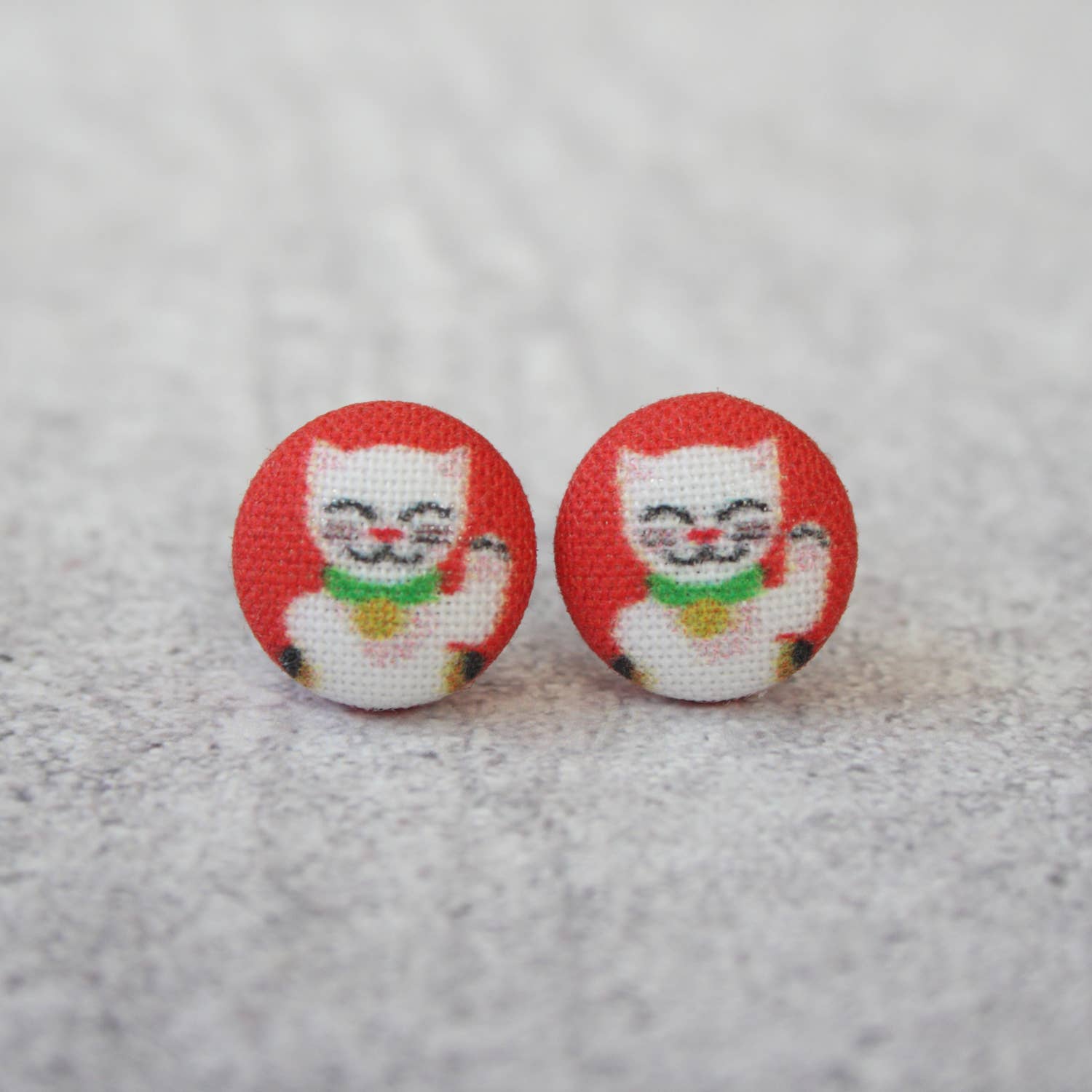 Lucky Cat Fabric Button Earrings