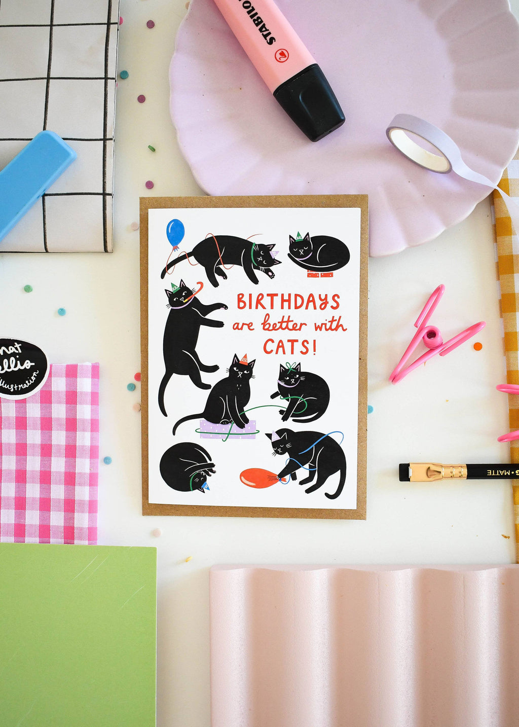 Birthdays Are Better With Cats- Celebration Greeting Card : Yellow Envelope