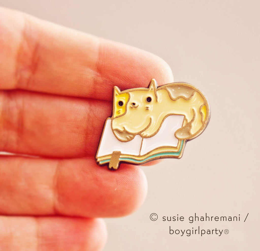 Book Cat Pin — Bookish Jewelry — Cute Calico Cat Enamel Pin