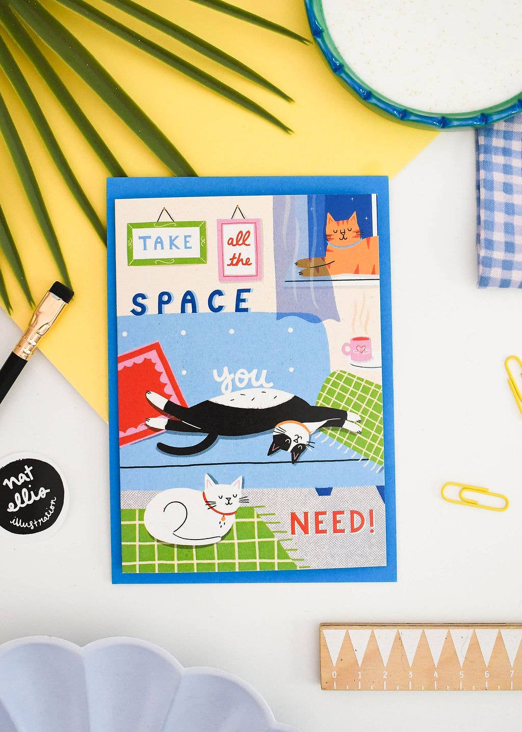 Take All The Space You Need -  Cute Cat Greeting Card : Blue