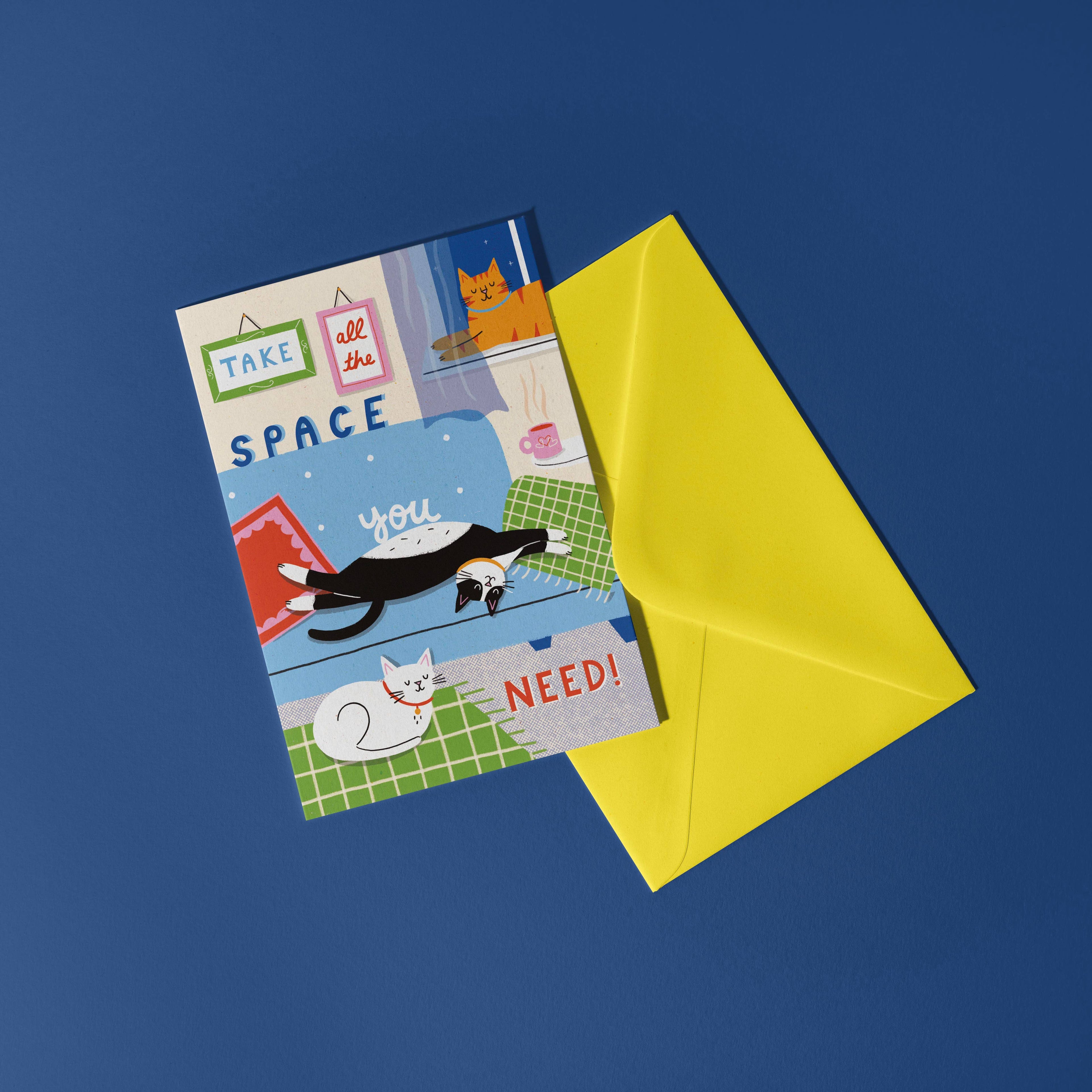 Take All The Space You Need -  Cute Cat Greeting Card : Blue
