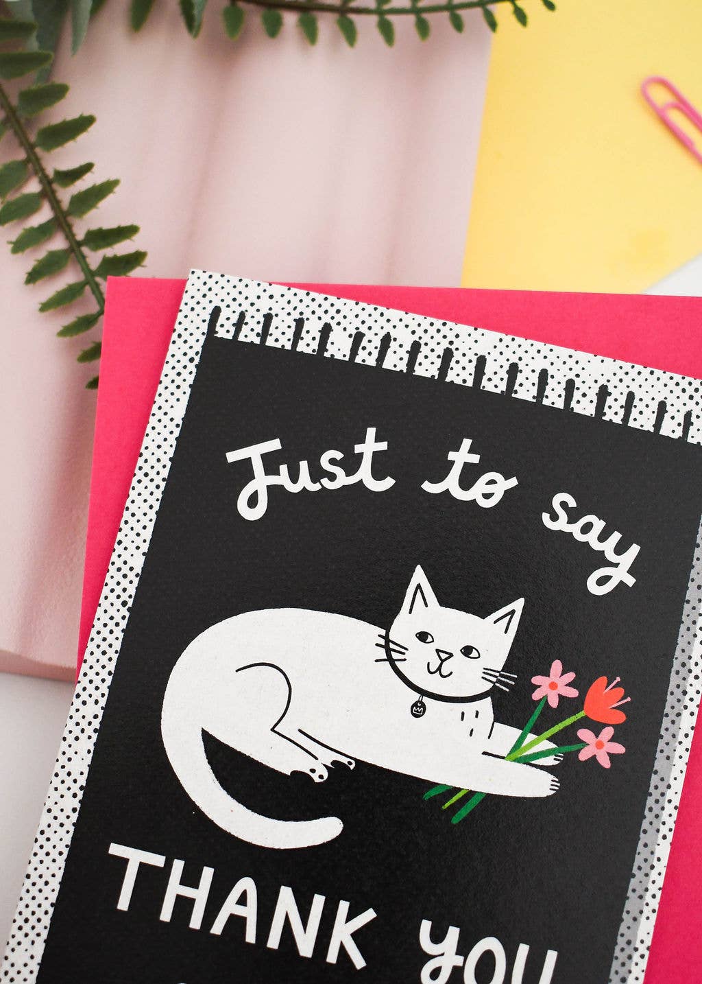White Cat on a Mat - Monochrome Thank You Greetings Card: Green Envelope