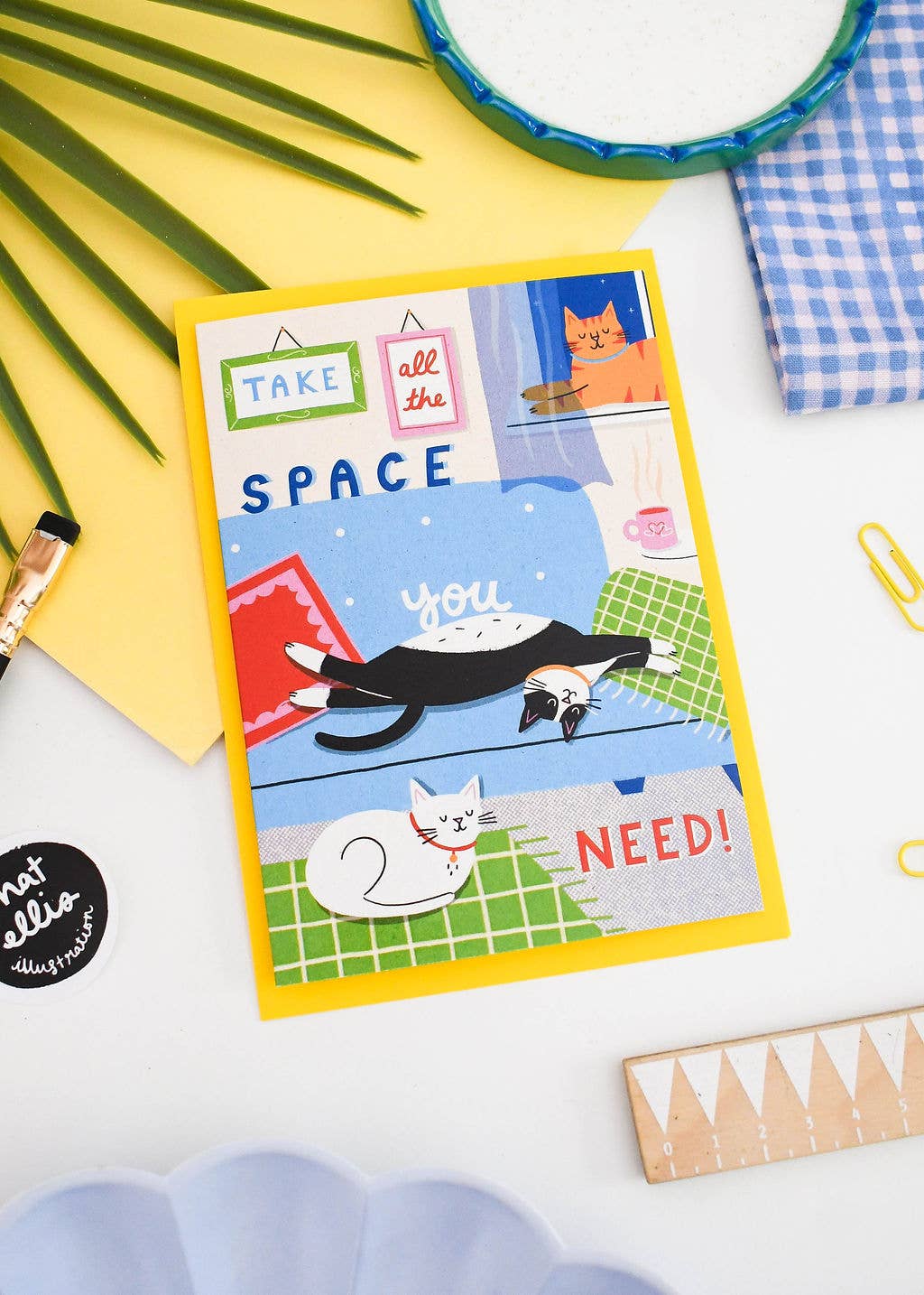 Take All The Space You Need -  Cute Cat Greeting Card : Blue