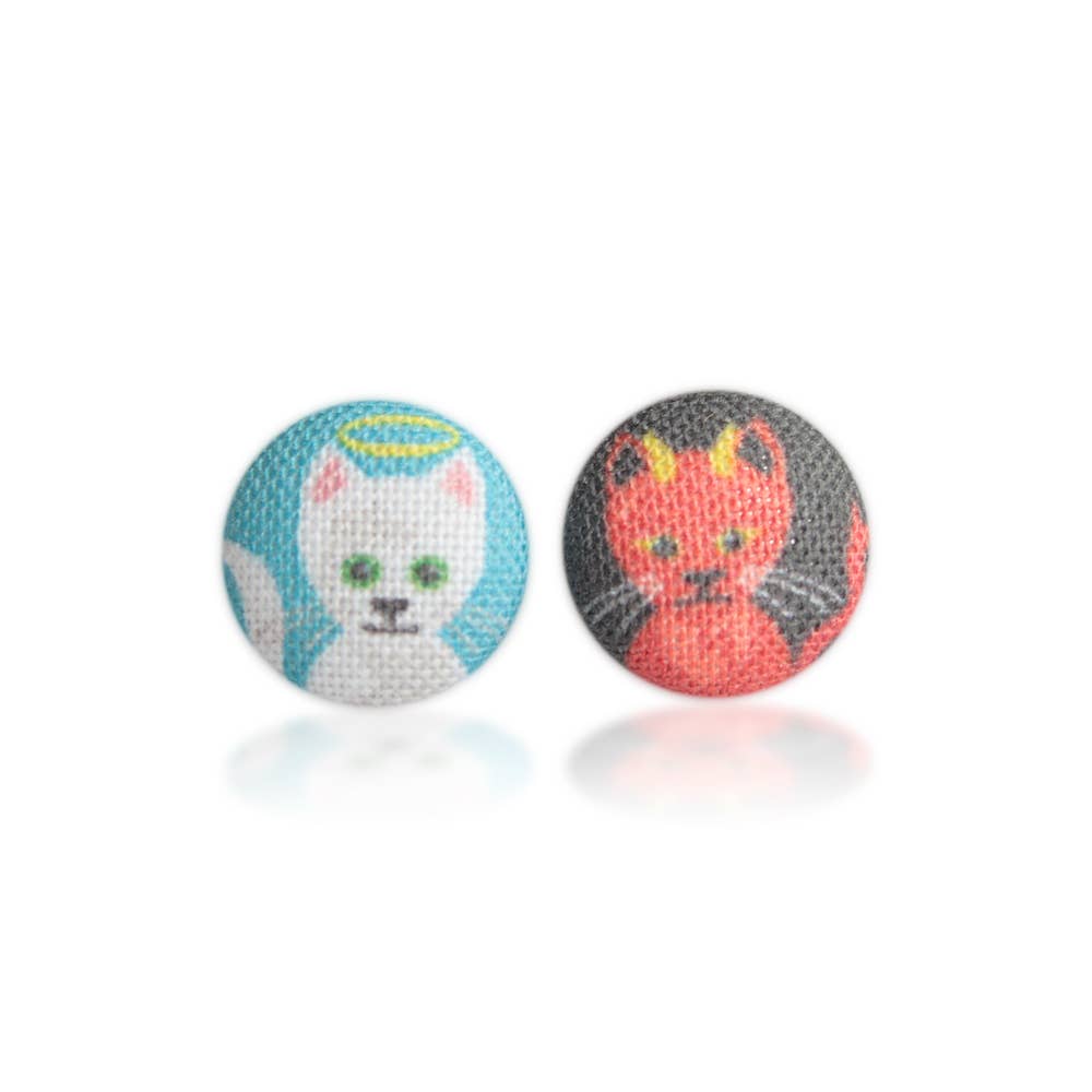 Good and Evil Kitties Fabric Button Earrings: 0.5 inch wide