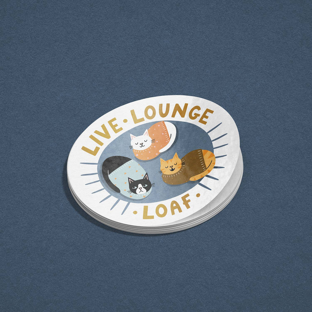 Live, Lounge, Loaf - Cute Colourful Cat Vinyl Sticker 
