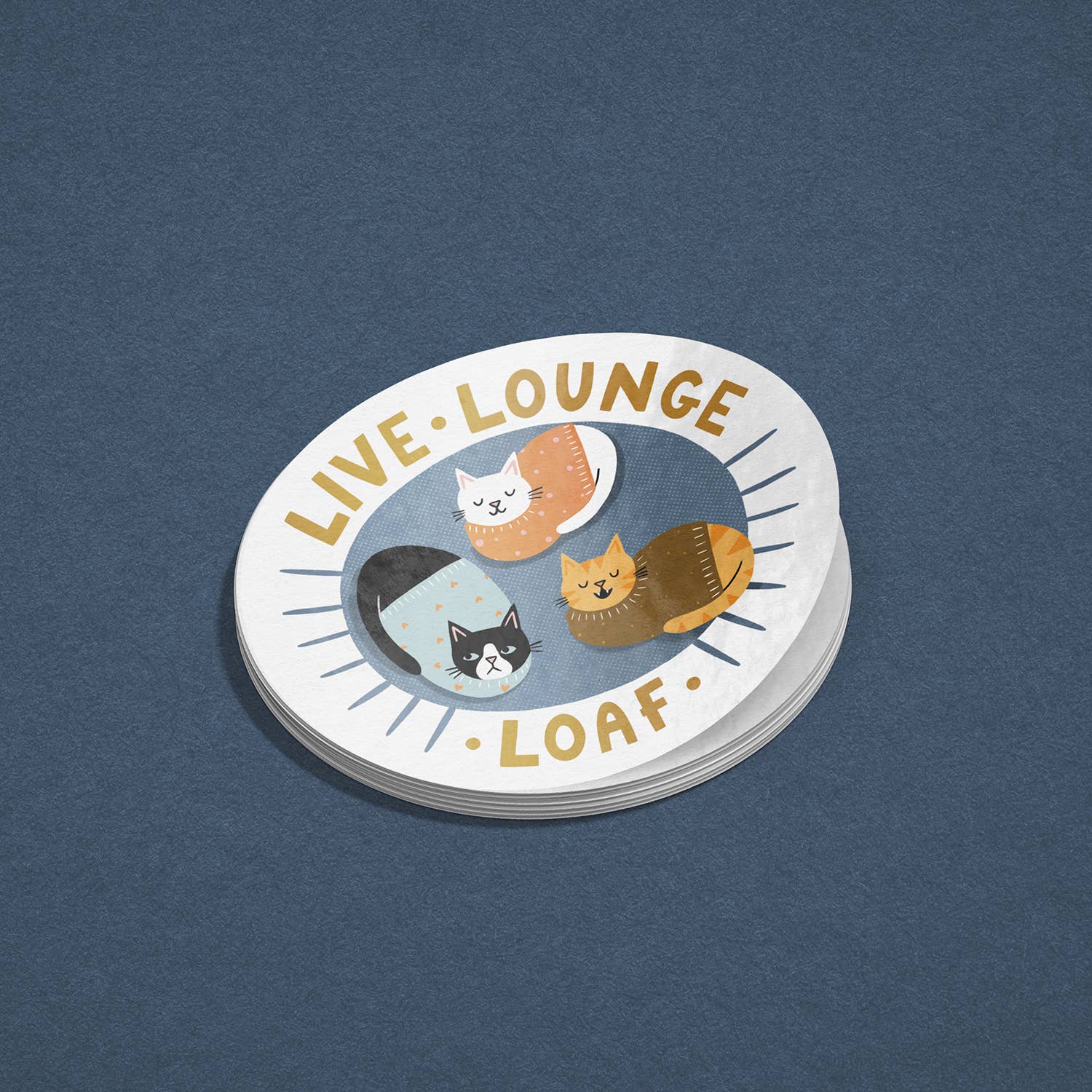 Live, Lounge, Loaf - Cute Colourful Cat Vinyl Sticker 
