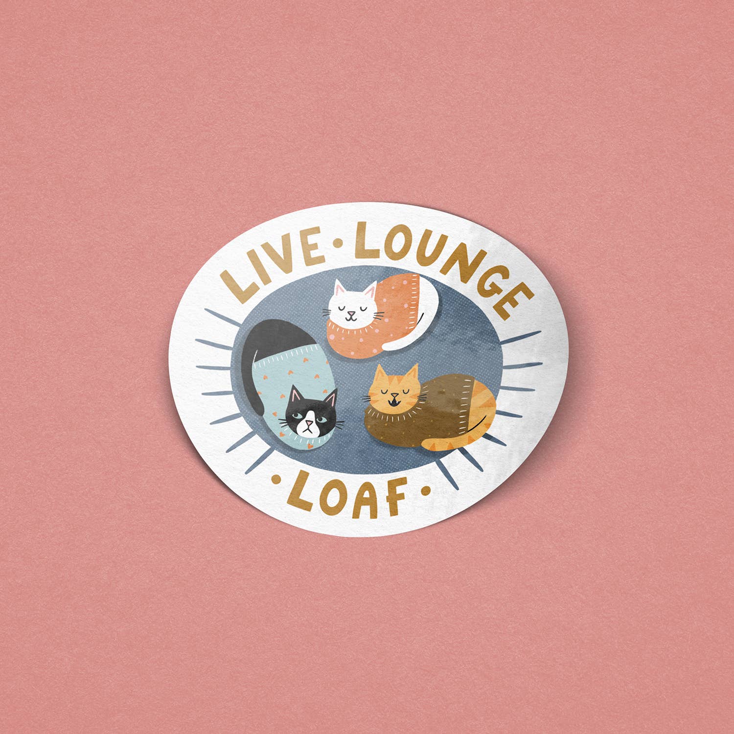 Live, Lounge, Loaf - Cute Colourful Cat Vinyl Sticker 