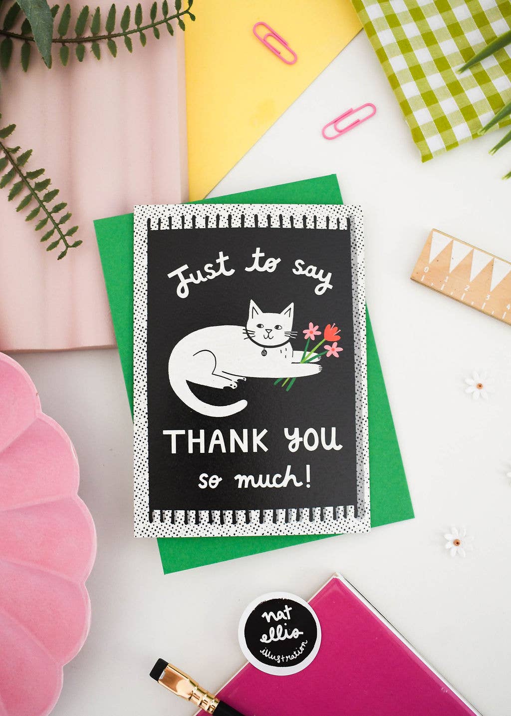 White Cat on a Mat - Monochrome Thank You Greetings Card: Green Envelope