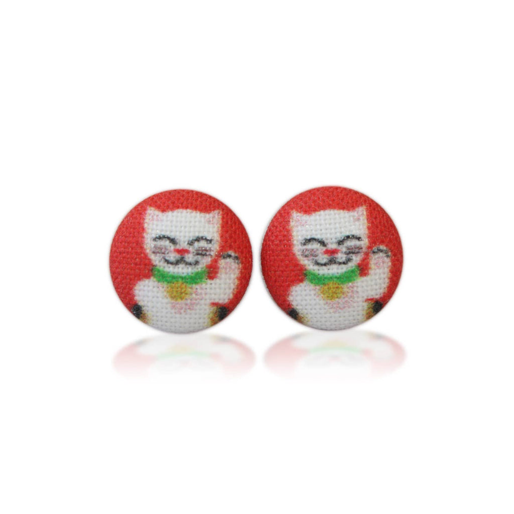 Lucky Cat Fabric Button Earrings