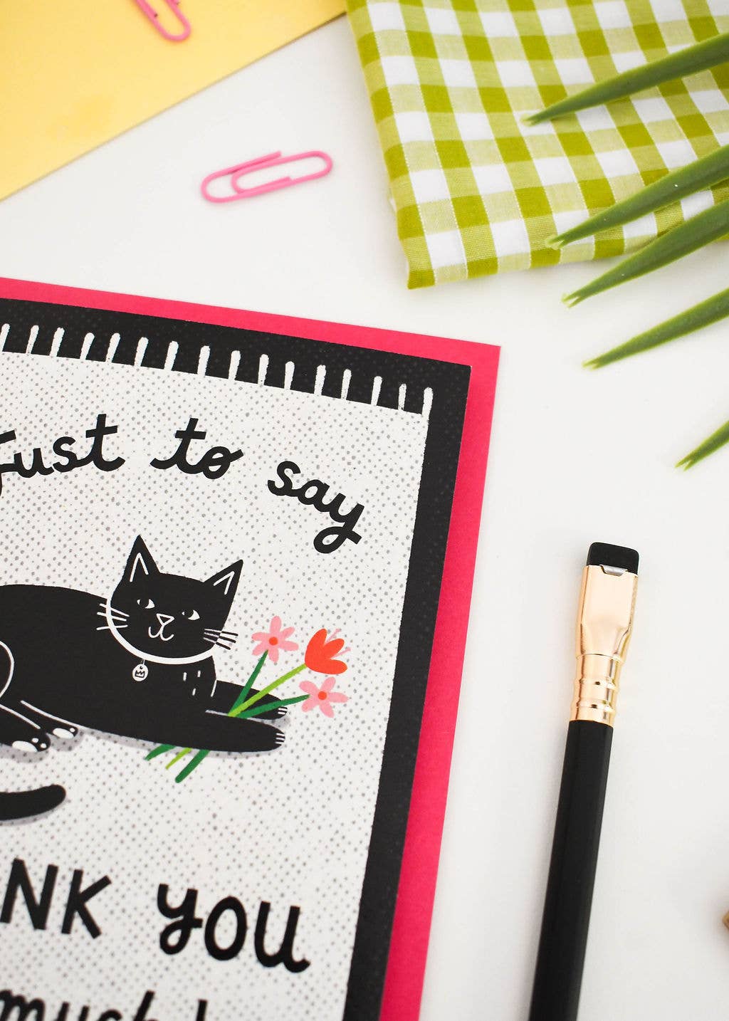 Black Cat on a Mat - Monochrome Thank You Greetings Card : Pink Envelope