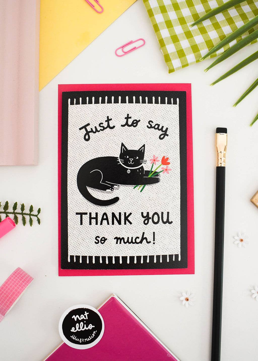 Black Cat on a Mat - Monochrome Thank You Greetings Card : Pink Envelope