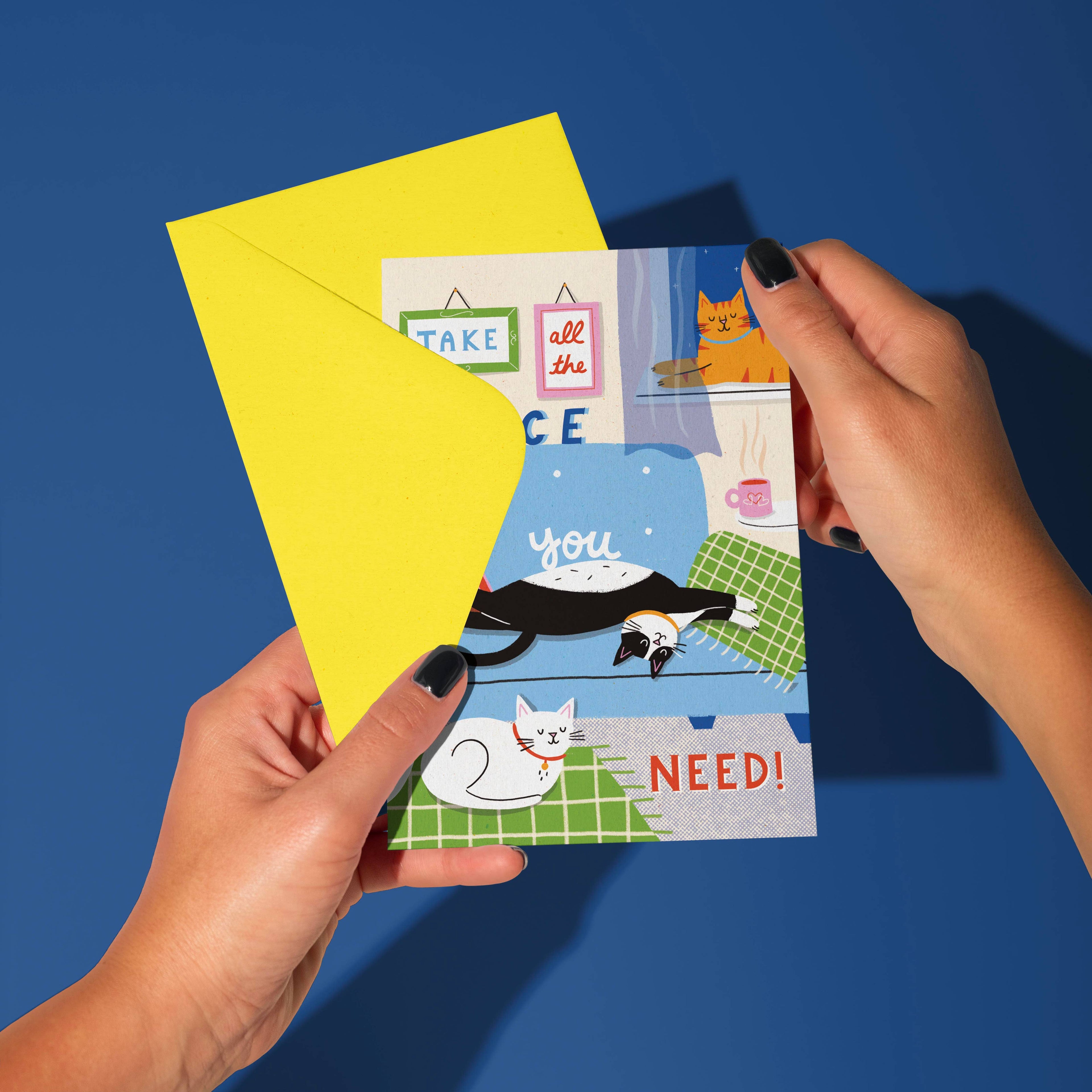 Take All The Space You Need -  Cute Cat Greeting Card : Blue