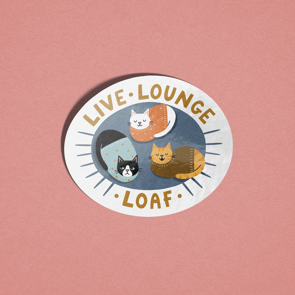 Live, Lounge, Loaf - Cute Colourful Cat Vinyl Sticker 