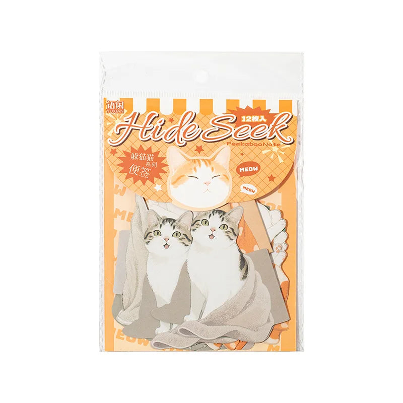 Cat sticky note packaging with cartoon cats and 'Hide Seek' text on an orange and white background