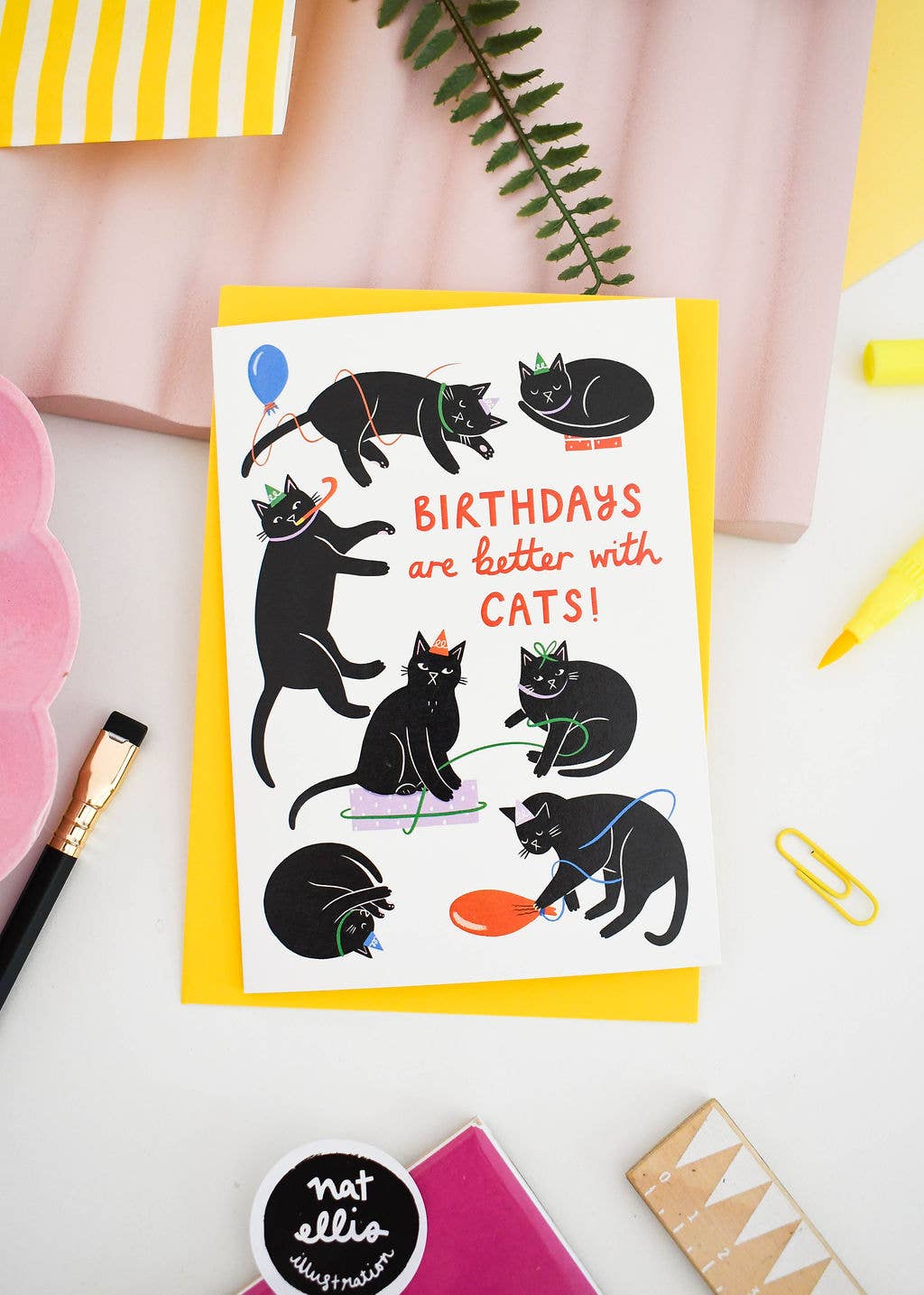 Birthdays Are Better With Cats- Celebration Greeting Card : Yellow Envelope