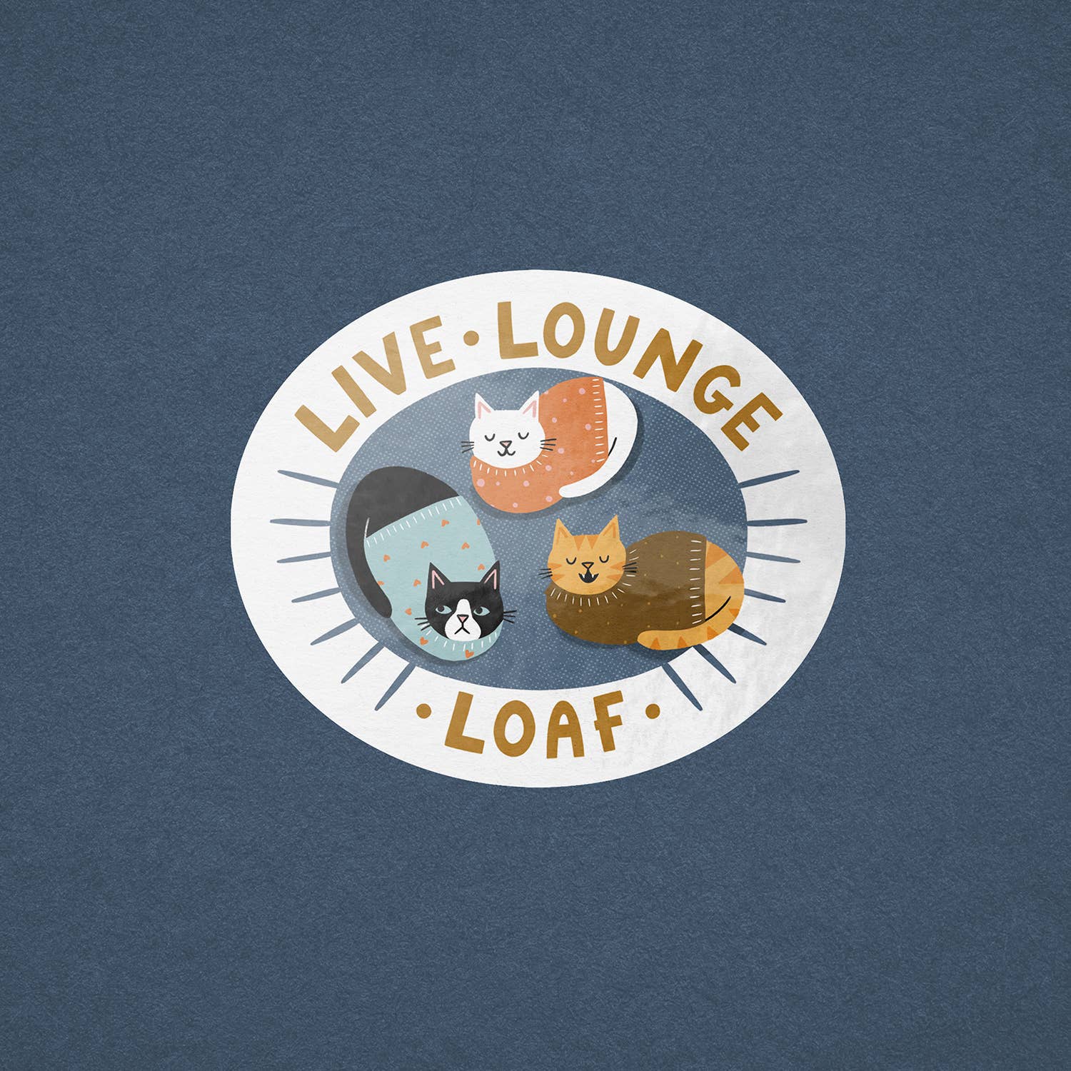 Live, Lounge, Loaf - Cute Colourful Cat Vinyl Sticker 