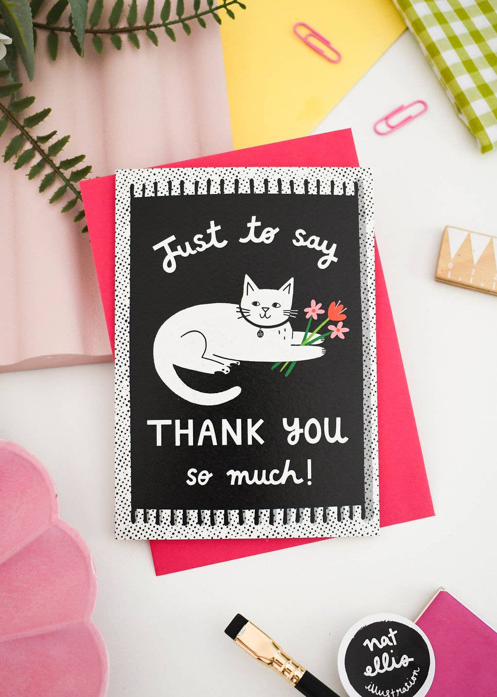 White Cat on a Mat - Monochrome Thank You Greetings Card: Green Envelope